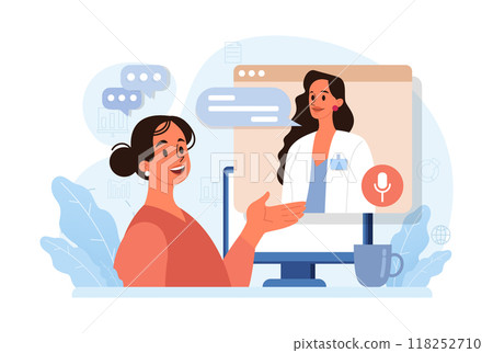 Telemedicine. Online consultation with a doctor. Remote medical treatment by videocalling on a device. Medical worker video chat. Flat vector illustration Telemedicine. Online consultation with a doctor. Remote medical treatment by videocalling on a device. Medical worker video chat. Flat vector illustration 118252710