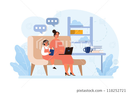 Hygge. Happy woman and girl relaxing at home, weekend leisure time. Slow lifestyle approach. Idea of coziness and comfort. Body and mind balance. Flat vector illustration Hygge. Happy woman and girl relaxing at home, weekend leisure time. Slow lifestyle approach. Idea of coziness and comfort. Body and mind balance. Flat vector illustration 118252721
