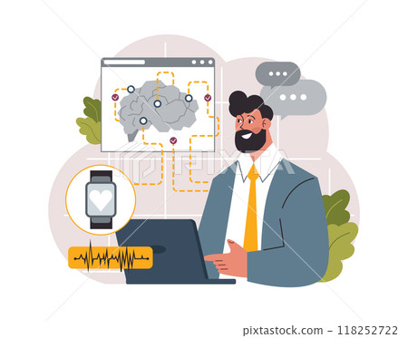 Healthtech. Innovative diagnosis and treatment methodics. Telemedicine, health monitoring, laboratory research. Modern technologies for disease prevention and treatment. Flat vector illustration Healthtech. Innovative diagnosis and treatment methodics. Telemedicine, health monitoring, laboratory research. Modern technologies for disease prevention and treatment. Flat vector illustration 118252722