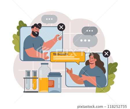 Telemedicine. Online consultation with a doctor. Remote medical treatment by videocalling on a device. Medical worker video chat. Flat vector illustration 118252735