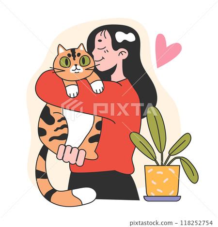 Character with a cat. Happy woman and kitten spend time together. Friendship between animal and pet owner. Cute scene. Flat vector illustration Character with a cat. Happy woman and kitten spend time together. Friendship between animal and pet owner. Cute scene. Flat vector illustration 118252754