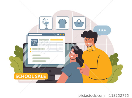 School preparation. School kids with parents prepare for studying. Characters buying new clothes, textbooks and stationery. Elementary education, back to school idea. Flat vector illustration School preparation. School kids with parents prepare for studying. Characters buying new clothes, textbooks and stationery. Elementary education, back to school idea. Flat vector illustration 118252755
