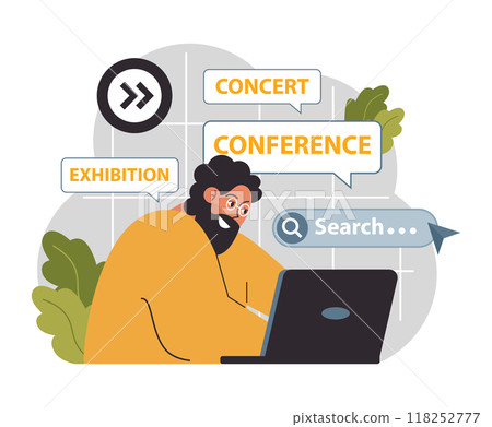 Virtual event. Online exhibition, concert or conference. Remote education and entertainment. Digital museum tour, livestream performance. Flat vector illustration Virtual event. Online exhibition, concert or conference. Remote education and entertainment. Digital museum tour, livestream performance. Flat vector illustration 118252777
