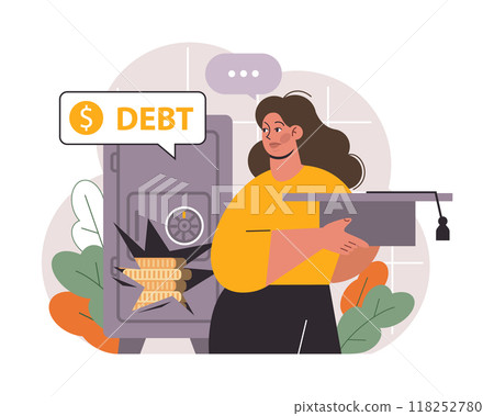 Student debt. Young graduated character with a financial crisis. Expencive education loan. Payment problem after a graduation. Flat vector illustration 118252780