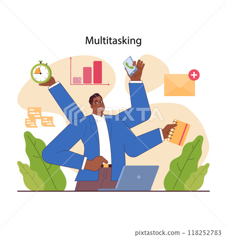 Business processes optimization. Effective and competent office worker managing several tasks at once. Business productivity, scheduling and progress tracking. Flat vector illustration 118252783