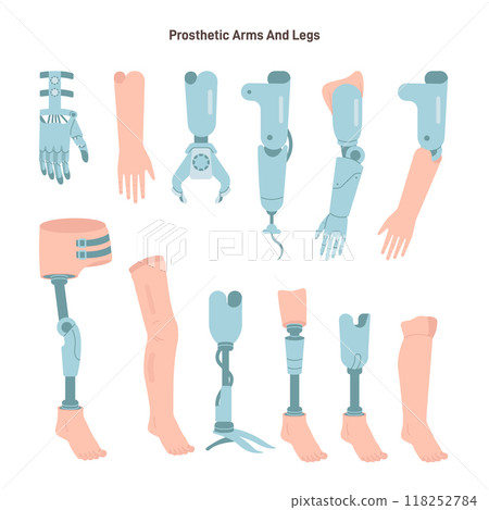 Artificial limbs types set. Prosthesis for arm and legs. Biotechnology for disabled people asisstance. Flat vector illustration Artificial limbs types set. Prosthesis for arm and legs. Biotechnology for disabled people asisstance. Flat vector illustration 118252784