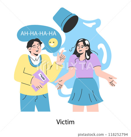 School bullying. Upset victim being bullied and shamed by others. Pressure and humiliation victim. Social violence problem. School verbal or physical abuse. Flat vector illustration School bullying. Upset victim being bullied and shamed by others. Pressure and humiliation victim. Social violence problem. School verbal or physical abuse. Flat vector illustration 118252794