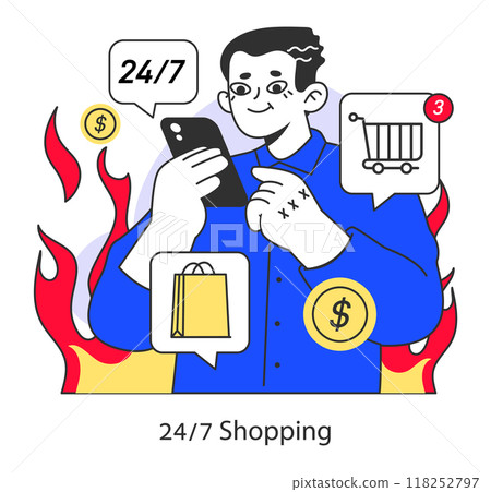 E-commerce. Online shopping with a big discount and special offer. Character purchasing goods in the internet, in mobile app or social media blog. Flat vector illustration 118252797