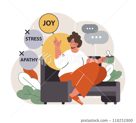 Emotional intelligence. Emotion balance and control skill. EQ development. Character with deep understanding of emotions and empathy. Self-regulation and awareness. Flat vector illustration 118252800