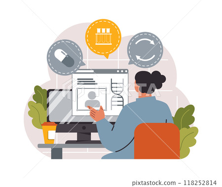 Telemedicine. Online consultation with a doctor. Remote medical treatment by videocalling on a device. Medical worker video chat. Flat vector illustration 118252814