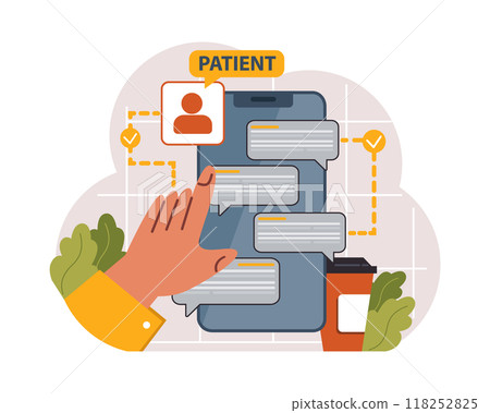 Telemedicine. Online consultation with a doctor. Remote medical treatment by videocalling on a device. Medical worker video chat. Flat vector illustration Telemedicine. Online consultation with a doctor. Remote medical treatment by videocalling on a device. Medical worker video chat. Flat vector illustration 118252825
