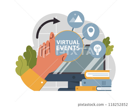 Virtual events. Online education, conference, exhibition, friends meeting, business video call. Communication through the Internet. Flat vector illustration Virtual events. Online education, conference, exhibition, friends meeting, business video call. Communication through the Internet. Flat vector illustration 118252852