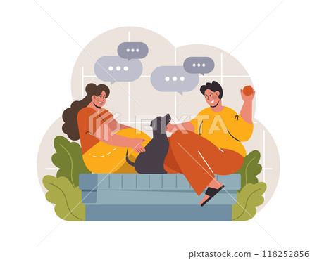 Hygge. Happy people relaxing at home, family members leisure time with a pet. Slow lifestyle approach. Idea of coziness and comfort. Body and mind balance. Flat vector illustration Hygge. Happy people relaxing at home, family members leisure time with a pet. Slow lifestyle approach. Idea of coziness and comfort. Body and mind balance. Flat vector illustration 118252856