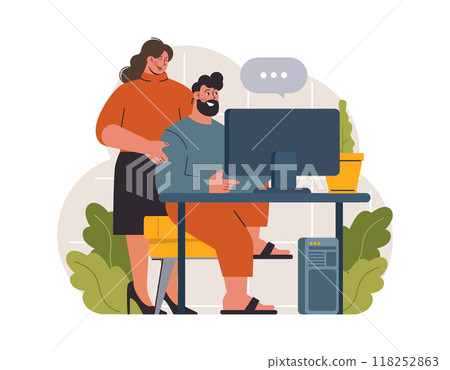 Hygge. Happy people relaxing at home, family members leisure time. Slow lifestyle approach. Idea of coziness and comfort. Body and mind balance. Flat vector illustration 118252863