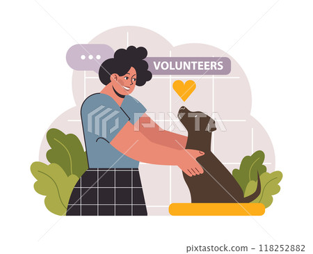 Charity. Volunteer help homeless animals, take care of the animal shelter's animal. Young woman giving food to homeless puppy. Charity and humanitarian care. Vector flat illustration Charity. Volunteer help homeless animals, take care of the animal shelter's animal. Young woman giving food to homeless puppy. Charity and humanitarian care. Vector flat illustration 118252882
