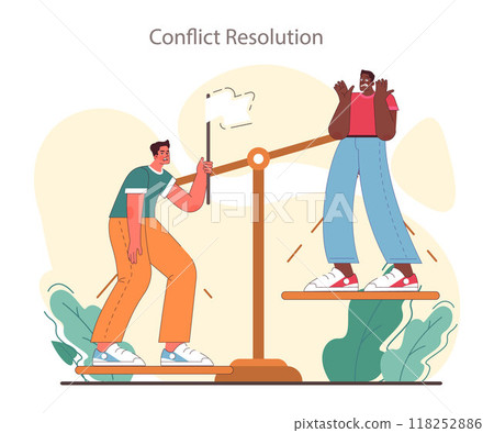 Soft skill development. Character with conflict resolution skill. Person resolve a conflict, find compromise on opposite opinions. Self-development and psychological maturity. Flat vector illustration 118252886