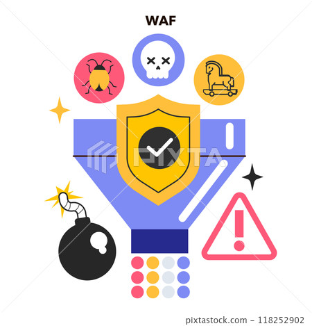 WAF Web Application Firewall. Incoming and outgoing network HTTP traffic monitoring and filtering. Internet connection security system. Flat vector illustration WAF Web Application Firewall. Incoming and outgoing network HTTP traffic monitoring and filtering. Internet connection security system. Flat vector illustration 118252902