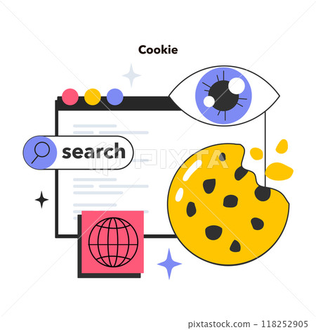 Cookie technology. Web browser session tracking. Access to user computer and confidential information. Device identification and web browsing experience improvement. Flat vector illustration Cookie technology. Web browser session tracking. Access to user computer and confidential information. Device identification and web browsing experience improvement. Flat vector illustration 118252905