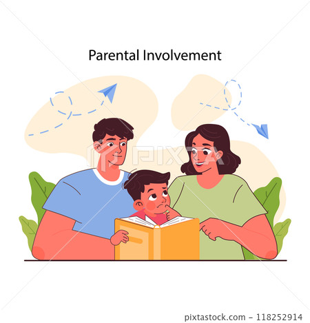 Pedagogy. Children upbringing and education with parental involvement. Primary school kids gaining knowledge and skills, modern approach to teaching. Flat vector illustration 118252914