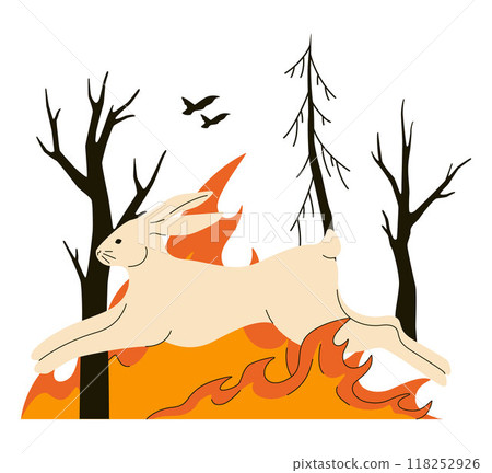 Wildfire. Burning forest trees, dangerous and harmful nature disaster. Animals and birds escaping woods fire. Rabbit or hare running from heat. Flat vector illustration 118252926