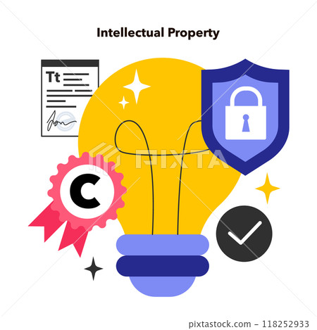 Intellectual property. Intangible creations of the human intellect, patented invention or art. Patents, copyrights, trademarks, and trade secrets. Flat vector illustration 118252933