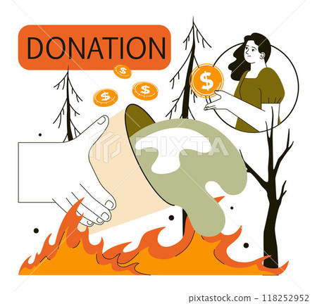 Wildfire. Burning forest trees, dangerous and harmfull nature disaster. Firefighter in protective clothing and helmet, aircraft and volunteer extinguishing woods fire. Flat vector illustration 118252952