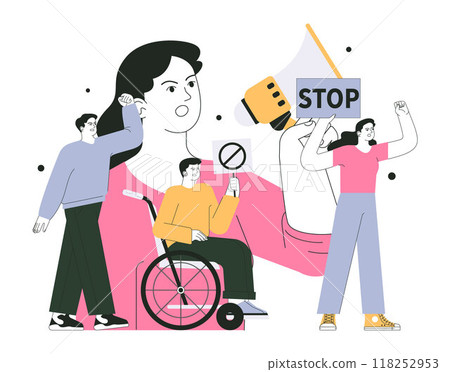 Protest. People on demonstration. Angry characters holding a megaphone and posters with demands. People protesting, strike, political march, parade or rally. Flat vector illustration 118252953