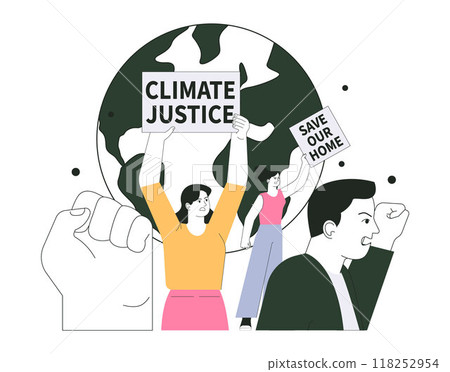 Protest. People on demonstration drawing attention to climate change. Protesting characters with posters for nature conservation. Global sustainability campaign. Flat vector illustration 118252954