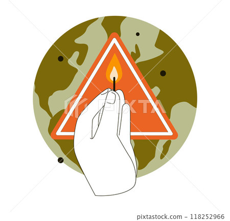 Wildfire. Burning forest trees, dangerous and harmfull nature disaster. Firefighter in protective clothing and helmet, aircraft and volunteer extinguishing woods fire. Flat vector illustration Wildfire. Burning forest trees, dangerous and harmfull nature disaster. Firefighter in protective clothing and helmet, aircraft and volunteer extinguishing woods fire. Flat vector illustration 118252966