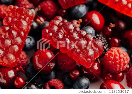Natural berry marmalade on fresh fruit and berries, perfect for advertising healthy sweet treats Natural berry marmalade on fresh fruit and berries, perfect for advertising healthy sweet treats 118253017