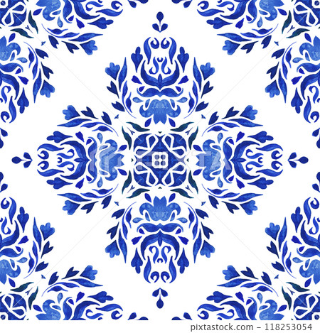 Damask seamless ornamental watercolor Portuguese ceramic tile design. Gorgeous mediterranean arabesque paint pattern. Damask seamless ornamental watercolor Portuguese ceramic tile design. Gorgeous mediterranean arabesque paint pattern. 118253054