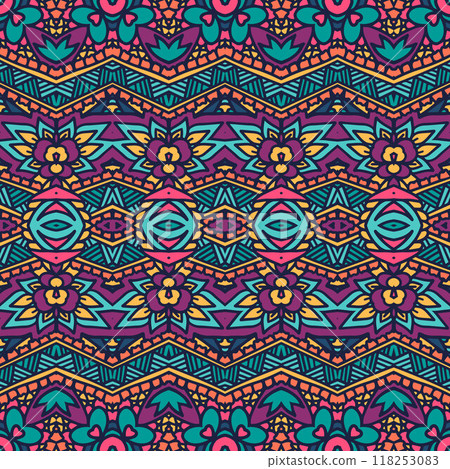 Ethnic boho geometric psychedelic colorful print with doodle Vector seamless pattern Bohemian style Ethnic boho geometric psychedelic colorful print with doodle Vector seamless pattern Bohemian style 118253083
