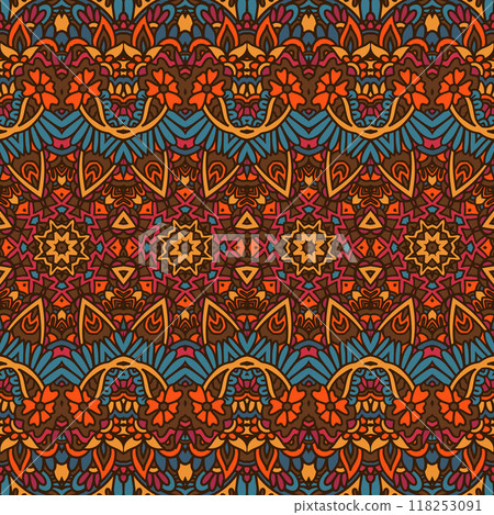 Abstract Tribal vintage indian textile ethnic seamless pattern ornamental. Vector colorful geomertric art background Abstract Tribal vintage indian textile ethnic seamless pattern ornamental. Vector colorful geomertric art background 118253091