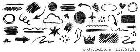 Doodle line chalk brush element set on blackboard. Chalkboard texture brush stroke square, spiral, arrow element scribble line hand drawn sketch design. Crayon pencil style. Vector 118253133