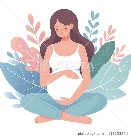Beautiful young pregnant woman illustration. Concept of pregnancy and motherhood. Flat design on white background. 118253234