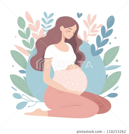 Beautiful young pregnant woman illustration. Concept of pregnancy and motherhood. Flat design on white background. 118253262