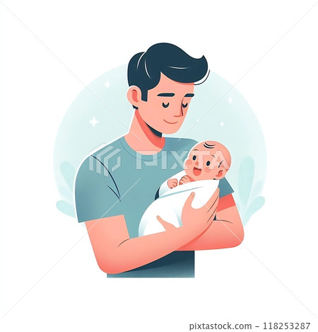 Happy father holding his baby, flat style illustration on white background  Happy father holding his baby, flat style illustration on white background  118253287