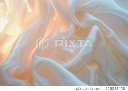 Elegant Flowing Silk Fabric Bathed in Golden and White Light. High quality photo 118253458