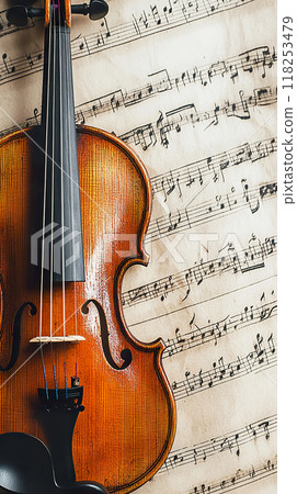 A beautifully crafted violin lies on top of sheet music filled with elegant musical notes A beautifully crafted violin lies on top of sheet music filled with elegant musical notes 118253479