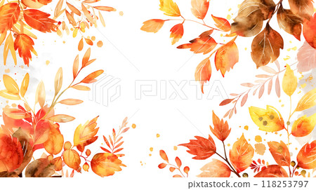 Watercolor autumn leafs frame on white background with copy space in centre. Hand painting card in red, orange and yellow colors 118253797