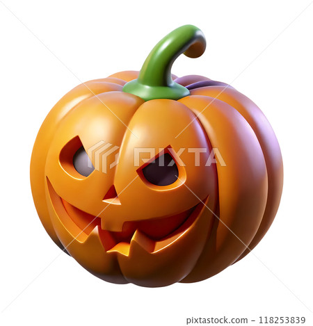 3d cartoon Halloween pumpkin isolated on background. Scary Jack-o-lantern plastic icon 118253839