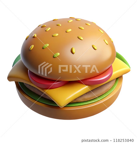 3d cartoon burger isolated on background. Tasty cheeseburger or hamburger digital illustration 118253840