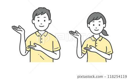 Upper body illustration of male and female caregivers giving guidance 118254119