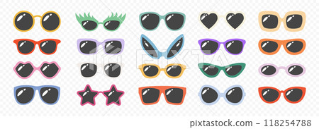 Vector Flat Frame Glasses Icon Set. Sunglasses, Vintage Eyeglasses, Lenses. Optics and Eyewear Design Template. Vector Illustration. Flat Vector Design for Eyewear and Optics 118254788