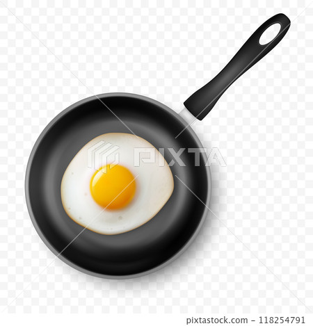 Vector 3d Realistic Fried Egg in the Black Frying Pan, Closeup Isolated, Top View. Design Template of Scrambled Eggs, Fried Egg, Omelette. Delicious Breakfast, Food, Culinary Concept Vector 3d Realistic Fried Egg in the Black Frying Pan, Closeup Isolated, Top View. Design Template of Scrambled Eggs, Fried Egg, Omelette. Delicious Breakfast, Food, Culinary Concept 118254791