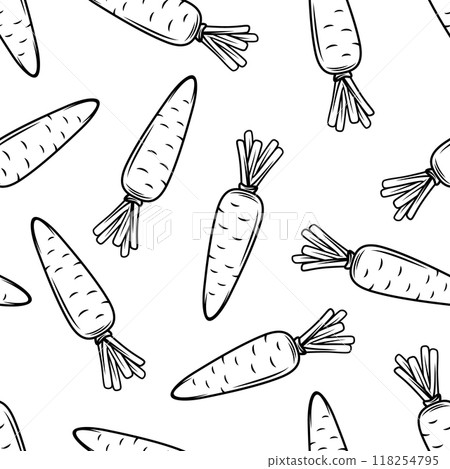 Vector Seamless Cute Pattern of Cartoon Outlined Black and White Flat Carrots on White Background. Fresh Carrot Print for Healthy Eating, Organic Food, Kids Nutrition, Playful Design Template Vector Seamless Cute Pattern of Cartoon Outlined Black and White Flat Carrots on White Background. Fresh Carrot Print for Healthy Eating, Organic Food, Kids Nutrition, Playful Design Template 118254795