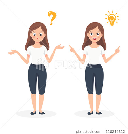Confused and Happy Cartoon Woman Set. Problem Solving, Question Mark and Lightbulb Idea. Confusion, Solution Flat Vector Illustration. Woman with Question Mark and Lightbulb, Problem Solving Concept 118254812