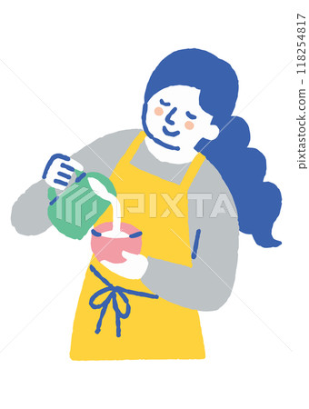 Woman pouring milk into a cup in a cafe_color Woman pouring milk into a cup in a cafe_color 118254817