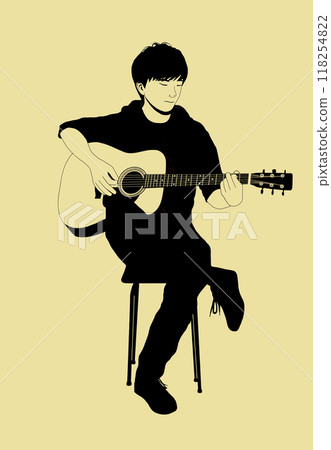 Illustration of a young man sitting on a chair and playing the guitar 118254822