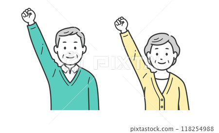 Upper body illustration of an elderly man and woman making a fist pump with one hand 118254988